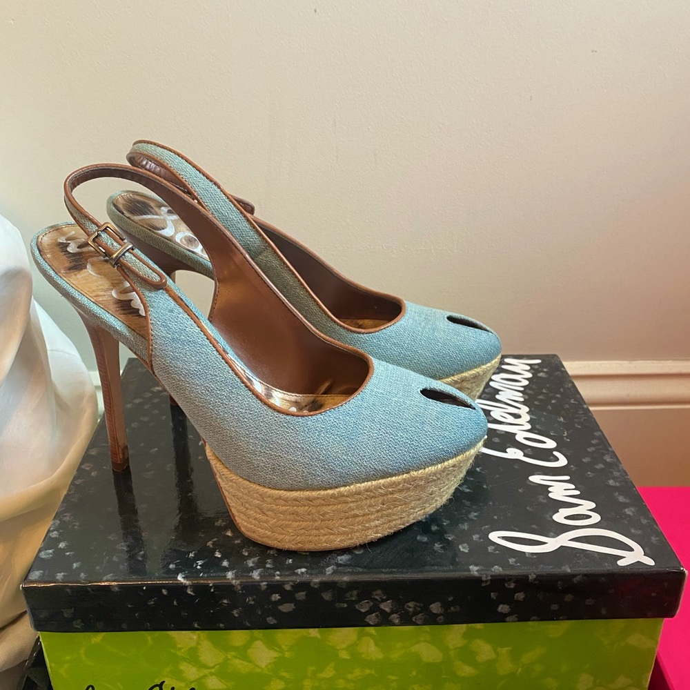 Sam Edelman Novato light blue denim stiletto platform heels with peep toe